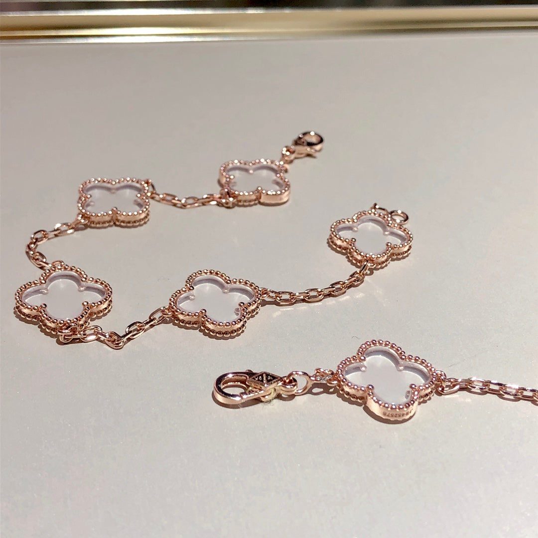 [Eternal Jewelry]CLOVER 5 MOTIF ROCK CRYSTAL PINK GOLD BRACELET