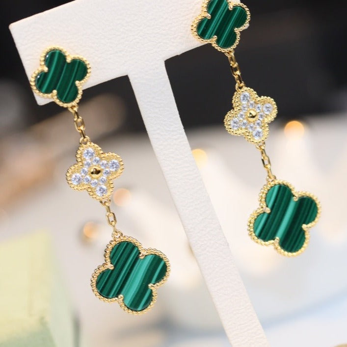 [Eternal Jewelry]CLOVER EARRINGS GOLD MALACHITE DIAMOND 3 MOTIF