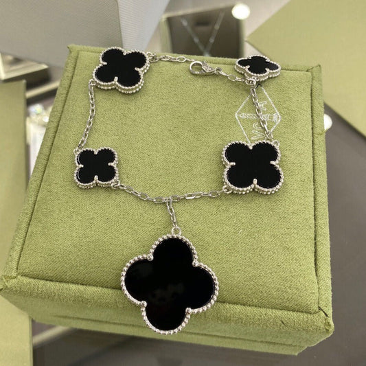 [Eternal Jewelry]CLOVER 5 MOTIFS SIVLER ONYX BRACELET