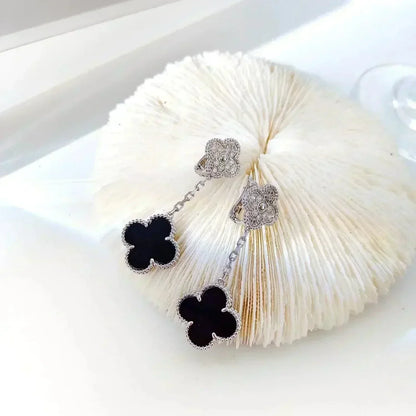 [Eternal Jewelry]CLOVER 2 MOTIFS  DIAMOND ONYX EARRINGS SILVER