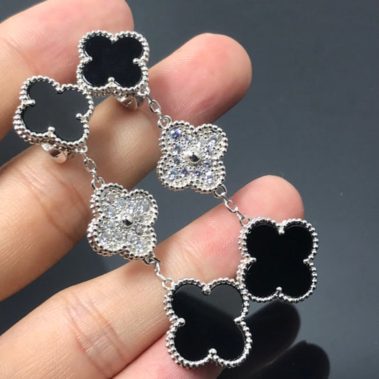 [Eternal Jewelry]CLOVER 3 MOTIF DIAMOND ONYX SILVER EARRINGS