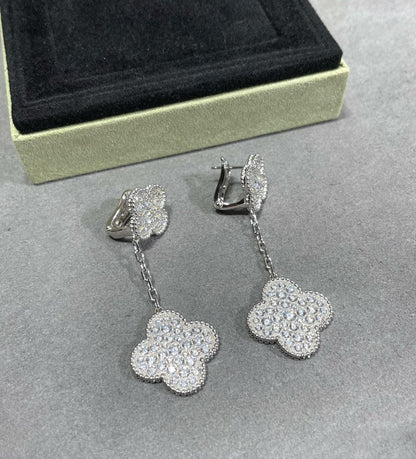 [Eternal Jewelry]CLOVER 2 MOTIFS DIAMOND PAVED SILVER EARRINGS