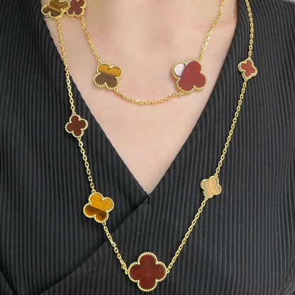 [Eternal Jewelry]CLOVER 16 MOTIF CARNELIAN TIGER EYE ROSE GOLD NECKLACE