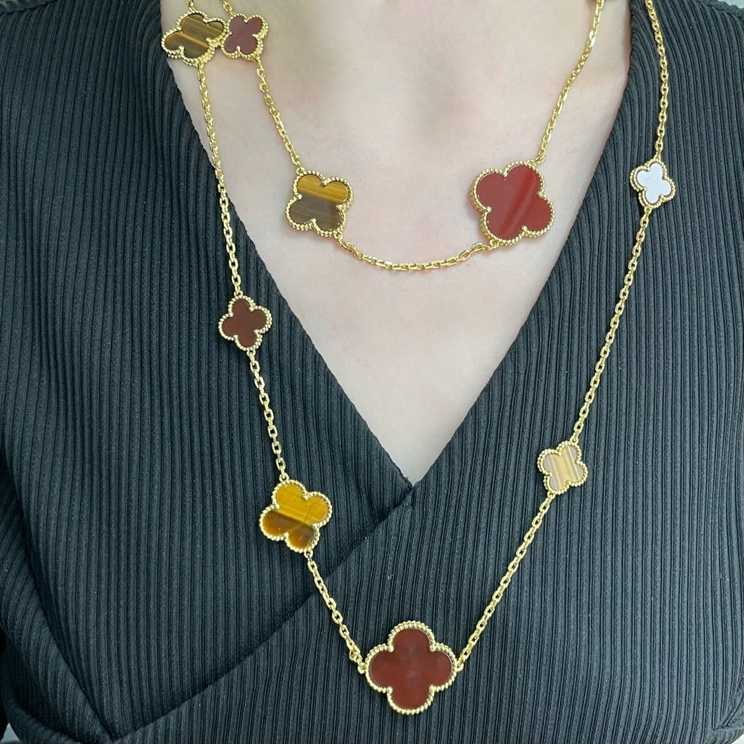 [Eternal Jewelry]CLOVER 16 MOTIF CARNELIAN TIGER EYE ROSE GOLD NECKLACE