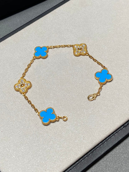 [Eternal Jewelry]CLOVER 5 MOTIF BLUE CHALCEDONY DIAMOND GOLD BRACELET