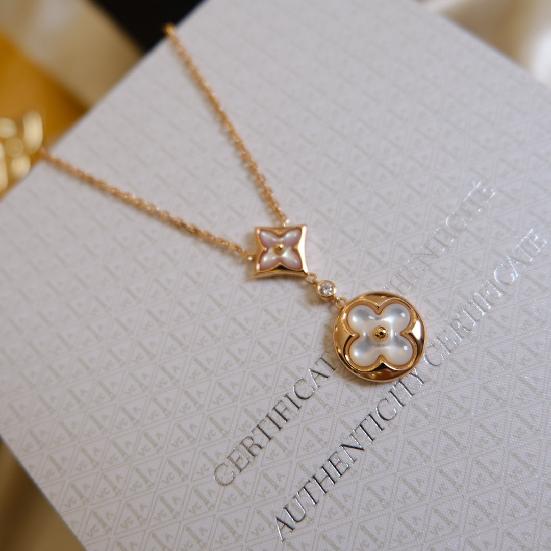 [Eternal Jewelry]STAR AND SUN WHITE MOP 2 MOTIF PINK GOLD NECKLACE