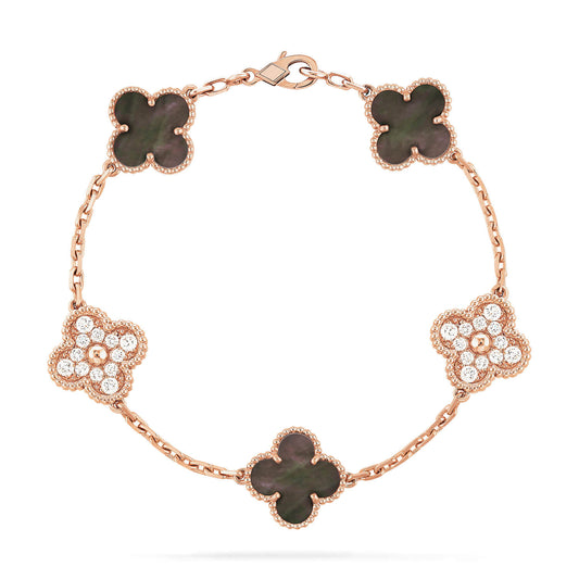 [Eternal Jewelry]CLOVER 5 MOTIFS DARK MOP AND DIAMONDS PINK GOLD BRACELET