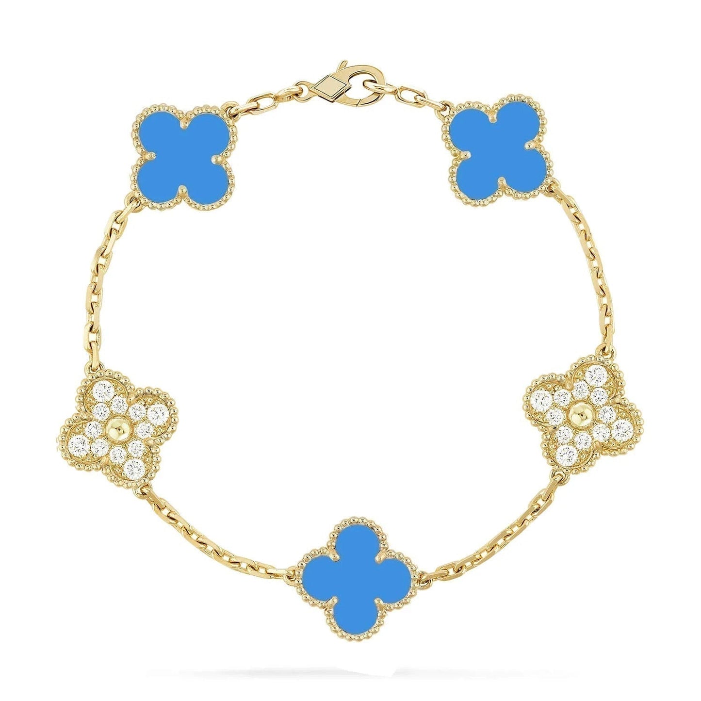 [Eternal Jewelry]CLOVER 5 MOTIF BLUE CHALCEDONY DIAMOND GOLD BRACELET