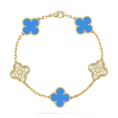 [Eternal Jewelry]CLOVER 5 MOTIF BLUE CHALCEDONY DIAMOND GOLD BRACELET