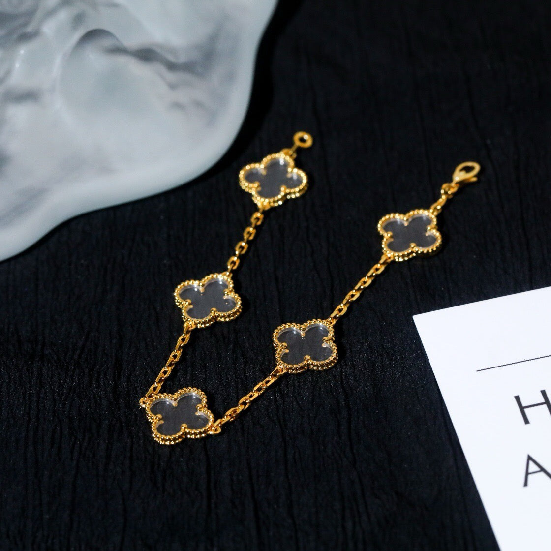 [Eternal Jewelry]CLOVER 5 MOTIF ROCK CRYSTAL PINK GOLD BRACELET