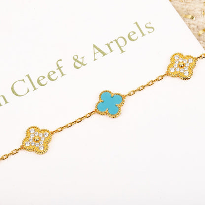 [Eternal Jewelry]CLOVER 5 MOTIF TURQUOISE DIAMOND GOLD BRACELET