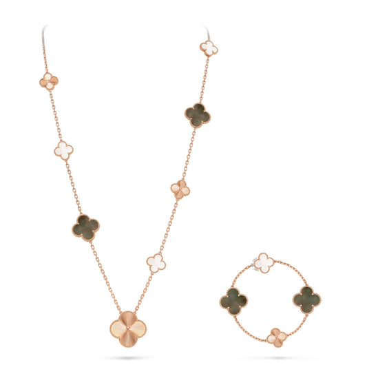 [Eternal Jewelry]DETACHABLE CLOVER 15(11+4) FLOWER ROSE GOLD NECKLACE SET