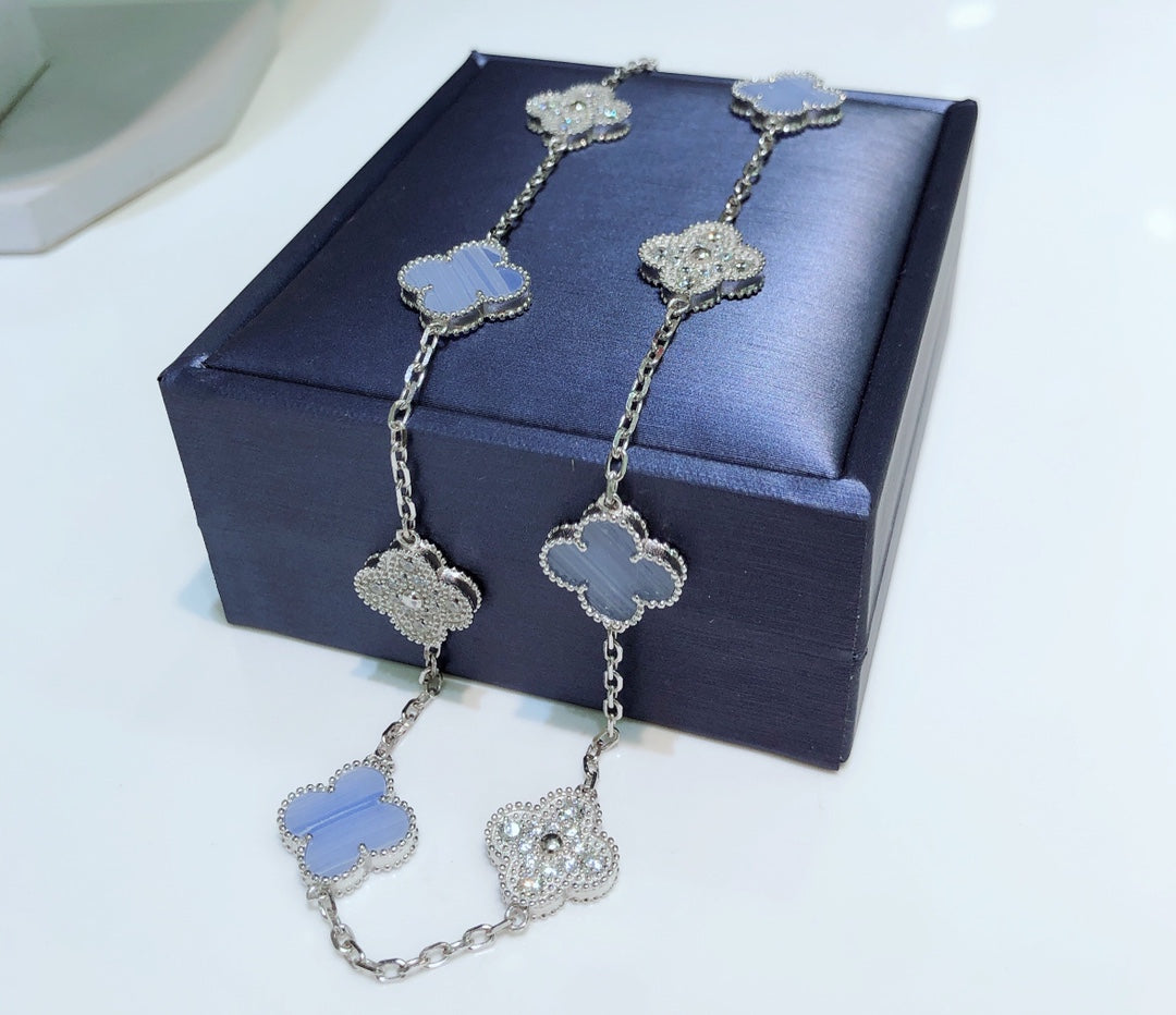 [Eternal Jewelry]CLOVER 10 MOTIFS CHALCEDONY DIAMONDS SILVER NECKLACE