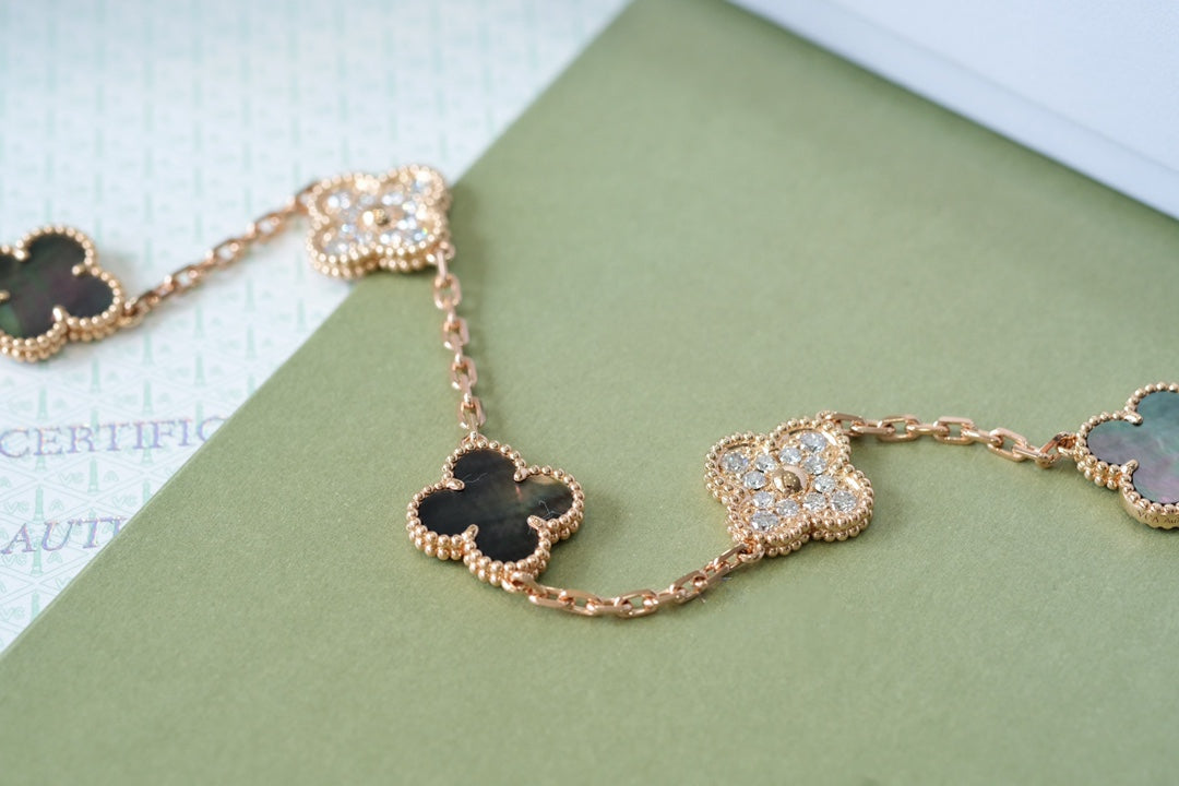 [Eternal Jewelry]CLOVER 5 MOTIFS DARK MOP AND DIAMONDS PINK GOLD BRACELET